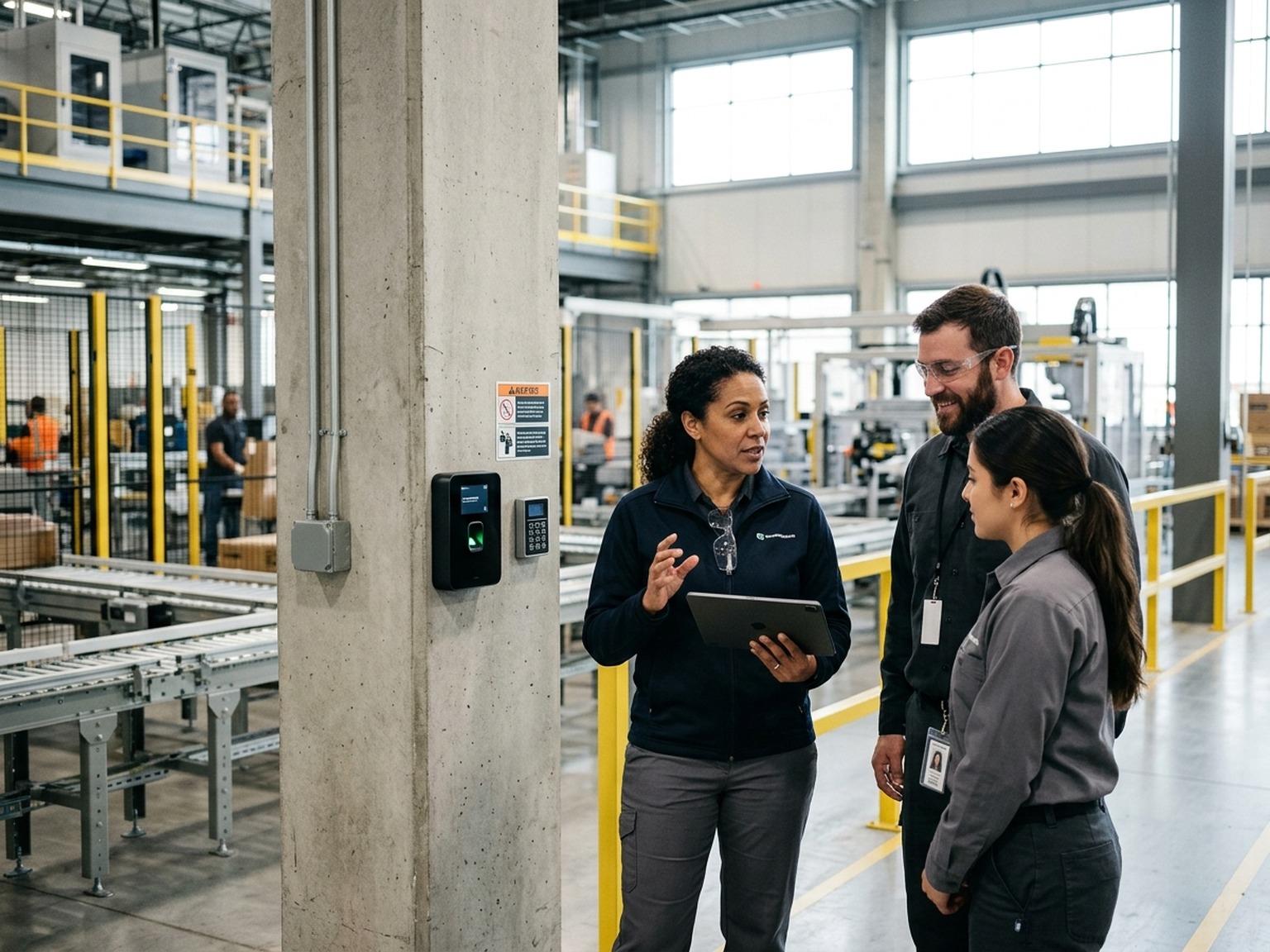 Operations team supervisor reviewing automated verified shift records in modern facility